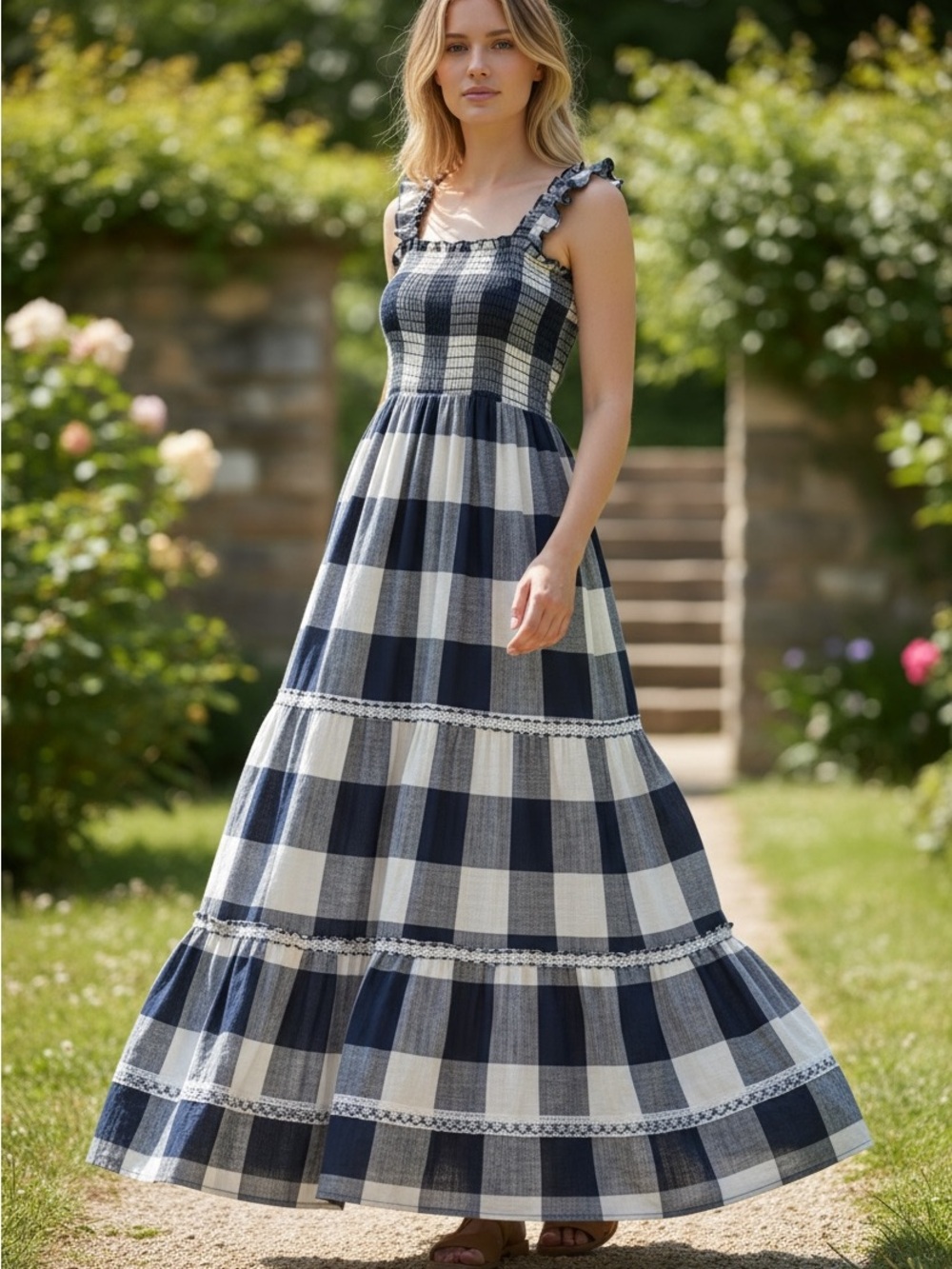 Lapis Navy and White Gingham Maxi Dress - Picture 1 of 6